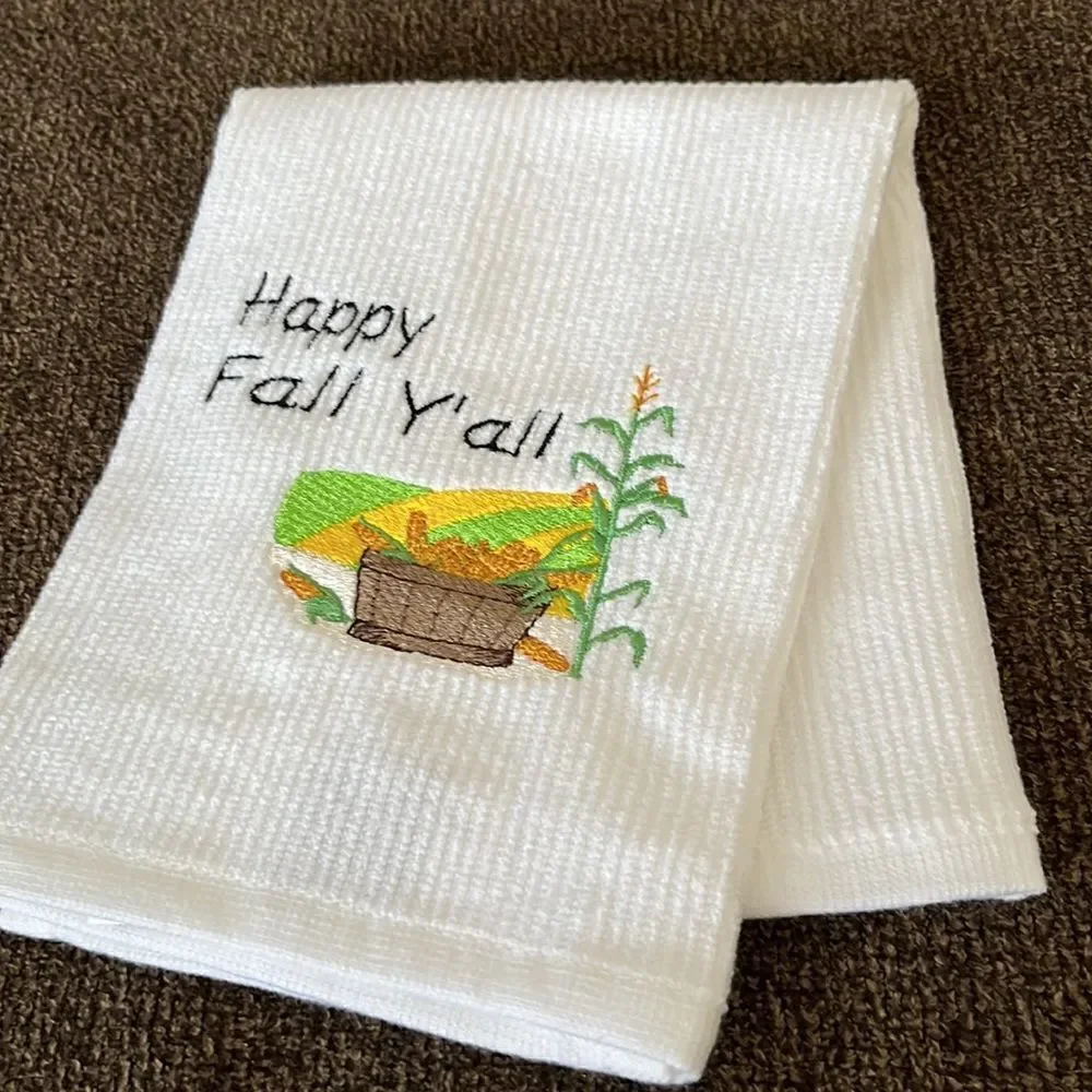 Happy Fall Ya’ll Custom Embroidered White Cotton Barmop Towel